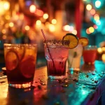 Still Life, Mardi Gras themed cocktails, close-up shot, bar counter, party night, vivid bar lights.